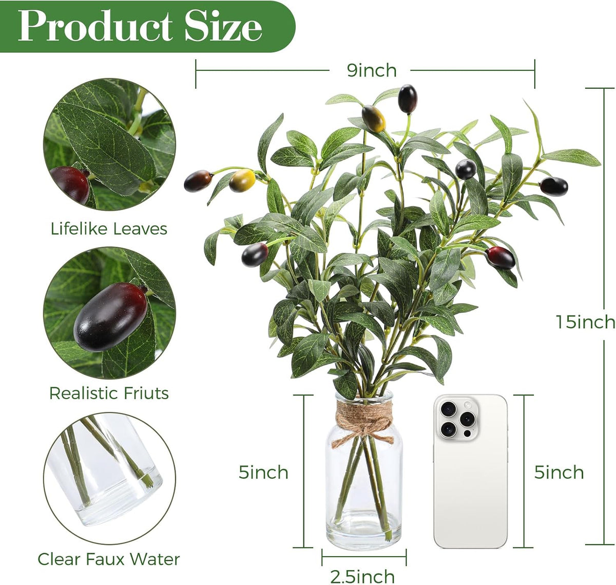 Artificial Olive Branch in Glass Vase with Faux Water, Fake Olive Plant for Home Decor, Kitchen Bathroom Office Coffee Table Centerpiece, Farmhouse Wedding Room Wall Decor(2Pack)