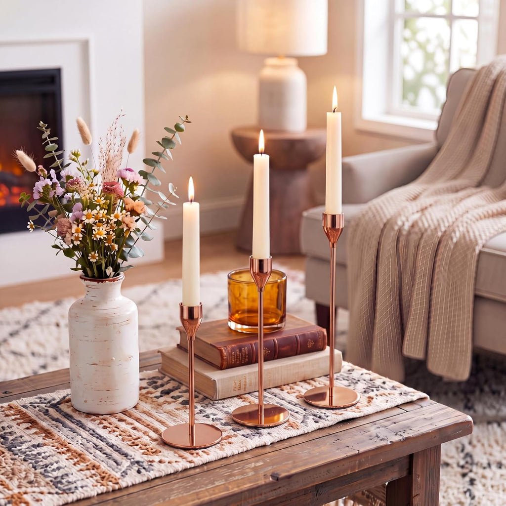 18 Pcs Rose Gold Tall Taper Candle Holders, 3 Sizes, Fits 3/4" Candles