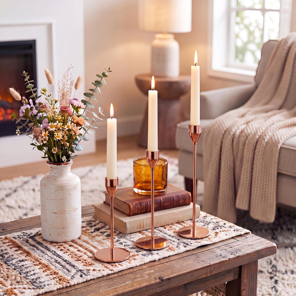 18 Pcs Rose Gold Tall Taper Candle Holders, 3 Sizes, Fits 3/4" Candles