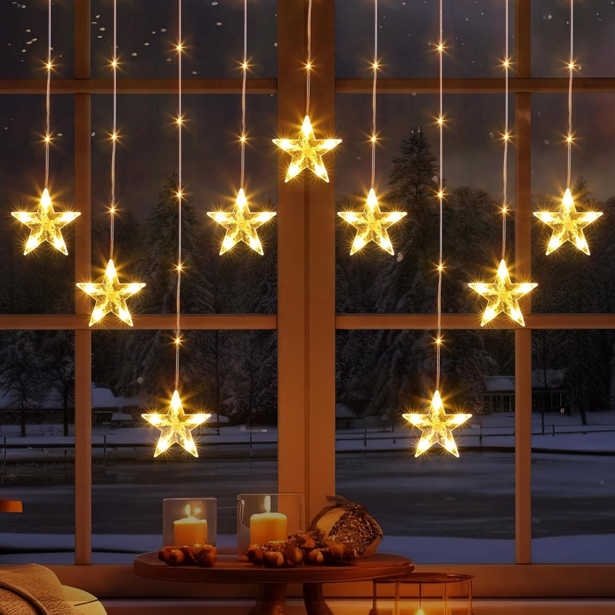 Marchpower 9 Stars Curtain Lights Warm White, IP65 Battery Operated Christmas Star Window Curtains with Timer & Memory Function, 76 LED String Lights with 8 Modes and 10 Hooks for Xmas Decor