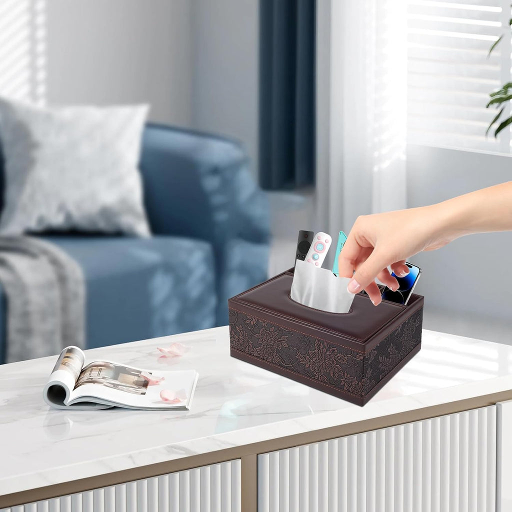 Tissue Box Cover Rectangle Retro Tissue Box Holder PU Leather Facial Tissues Organizer,Multifunctional Remote Control Stationery Storage Box,Home Office Supplies Car Napkin Caddy