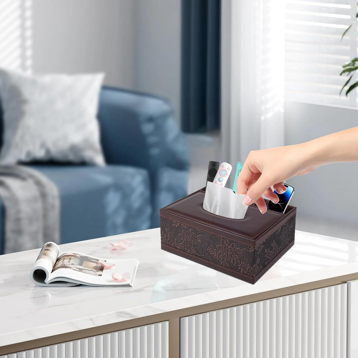 Tissue Box Cover Rectangle Retro Tissue Box Holder PU Leather Facial Tissues Organizer,Multifunctional Remote Control Stationery Storage Box,Home Office Supplies Car Napkin Caddy
