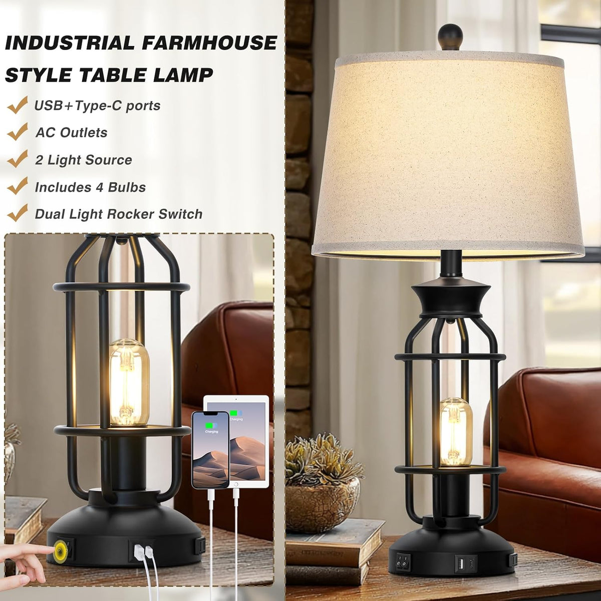 28" Tall Farmhouse Table Lamp for Living Room, Industrial Table Lamp with USB C+A Charging Ports & Outlet, Rustic Vintage Bedside Nightstand Lamp with Night Light for Bedroom End Table Black Single