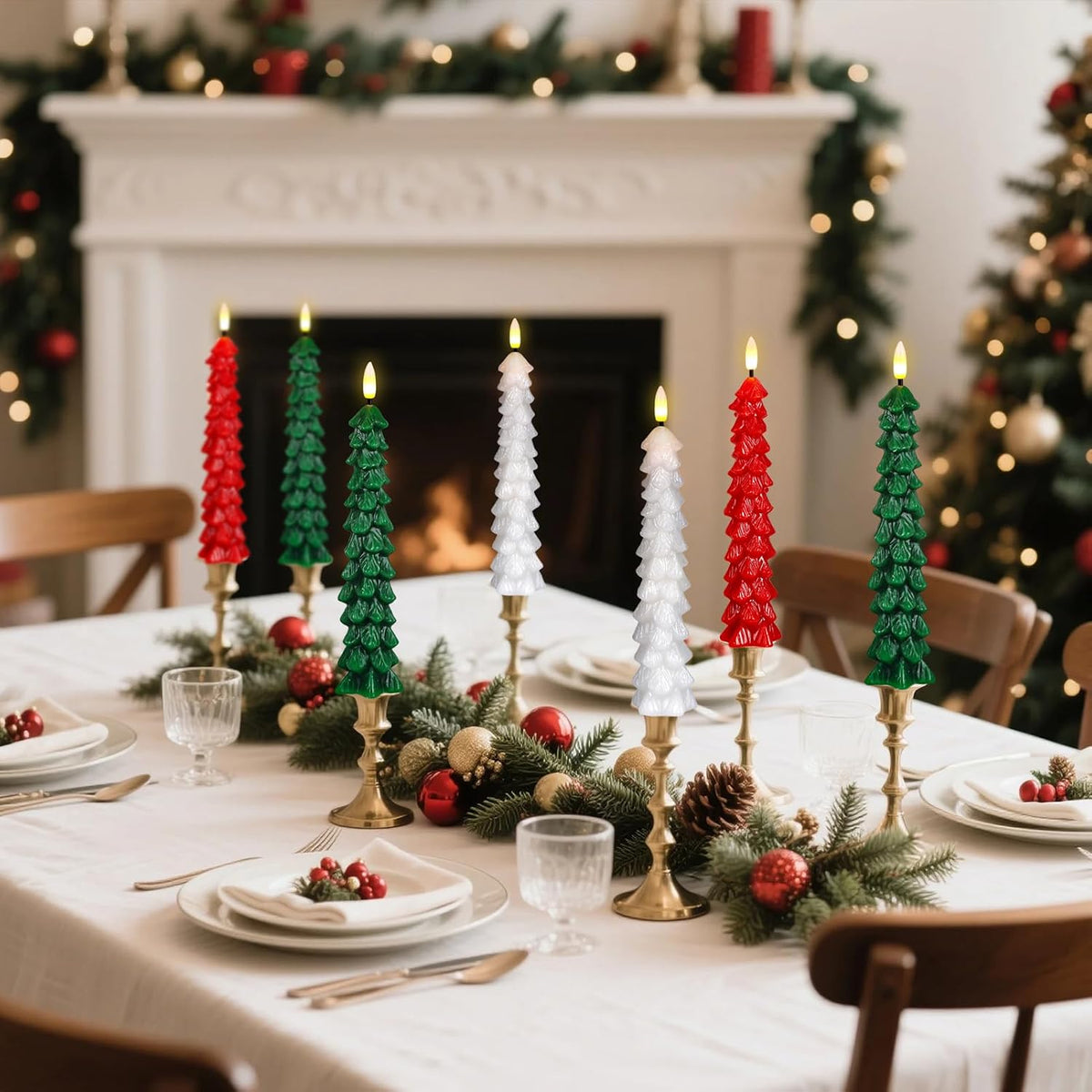 Green Christmas Tree Flameless Taper Candles Battery Operated Remote Timer