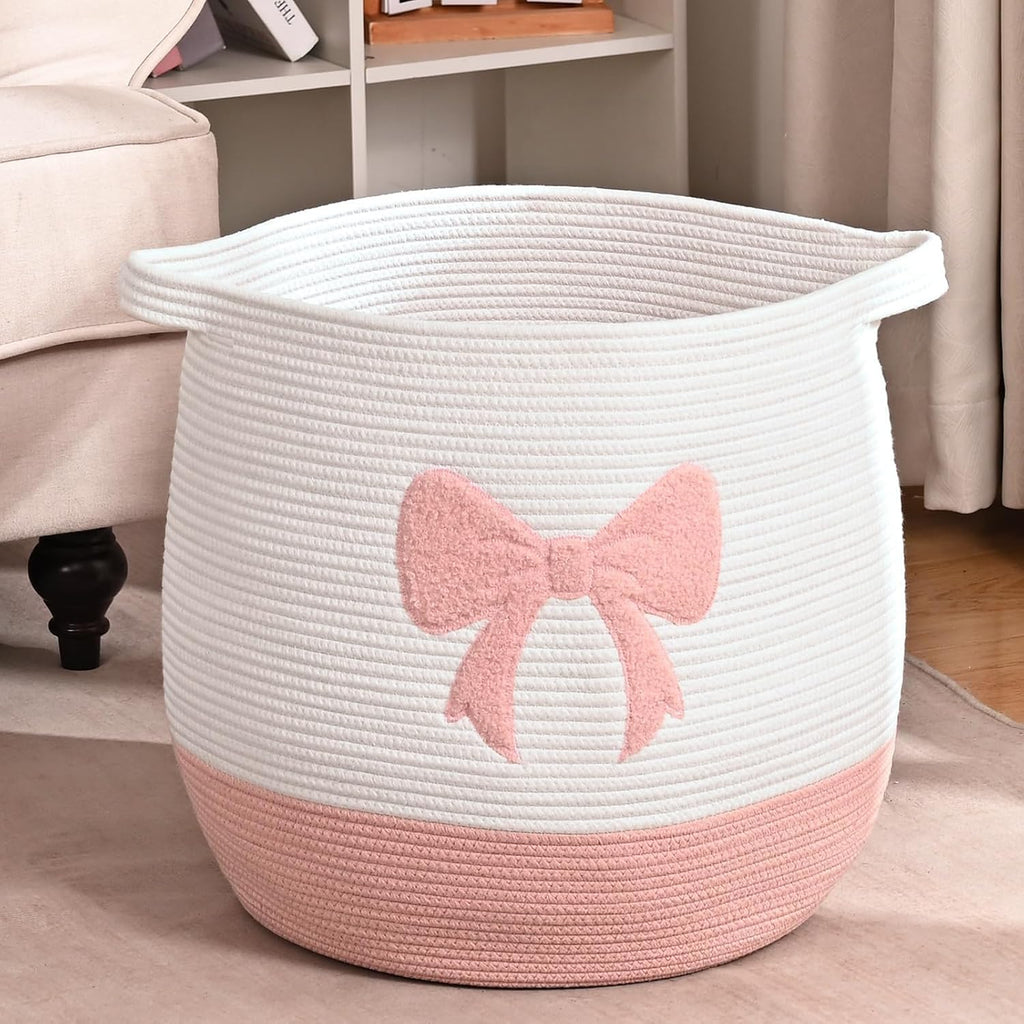 Large Baby Laundry Hamper, Pink Bow Laundry Basket for Baby Girl, Toy and Blanket Storage Basket for Nursery and Playroom, Cotton Rope Hamper for Kids, 17.7"x15.7"