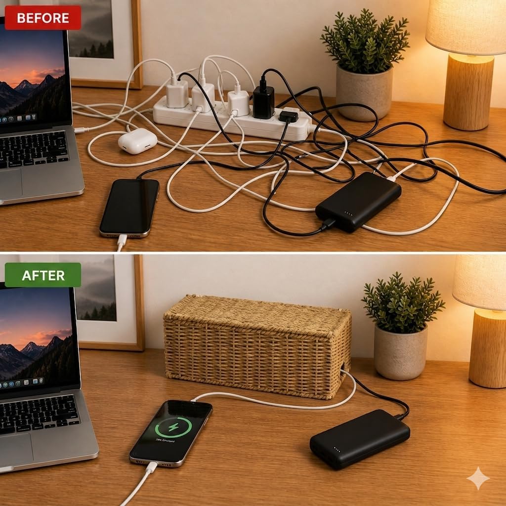 Handwoven Natural Raffia Cable Management Box with Lid – Decorative Cord Organizer for Power Strips, Surge Protectors & Charging Cables – Woven Storage Basket for Home & Office (Natural Raffia)
