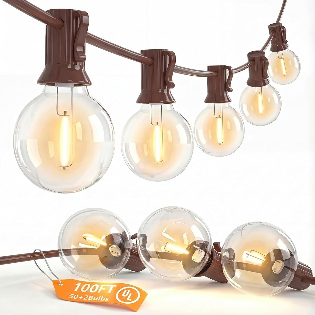 SUNSGNE 100FT Brown Outdoor String Lights, Shatterproof LED Globe String Lights with 50 G40 LED Bulbs, Waterproof Connectable Hanging Light for Backyard Patio Porch Balcony Party Decor, E12 Base