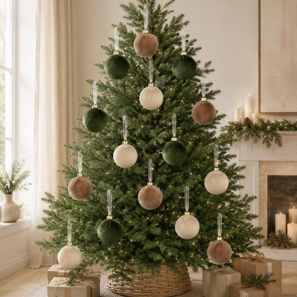 15Pcs 3.15" Large Green and Brown Velvet Balls Ornaments for Christmas Tree