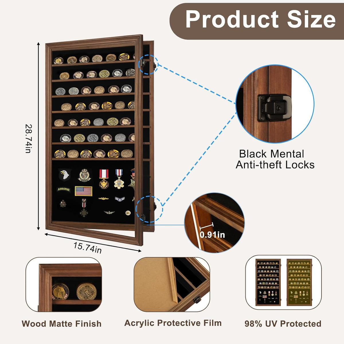 Oversized Military Challenge Coin Display case for Badges & Ribbons Walnut