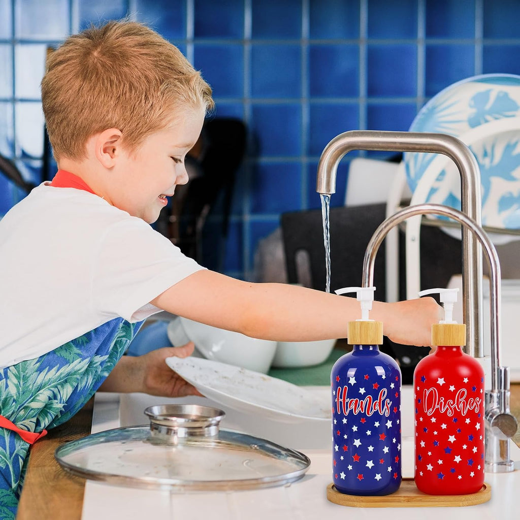 FYSUIMU 2 Pcs Patriotic Soap Dispenser Glass Soap Dispenser with Pump Red Blue Star Refillable Liquid Container for 4th of July Independence Day Hands Dishes Party Home Kitchen Bathroom Decor