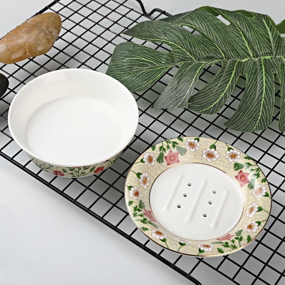 Floral Self Draining Soap Dish, Vintage Round Soap Tray(Style B)