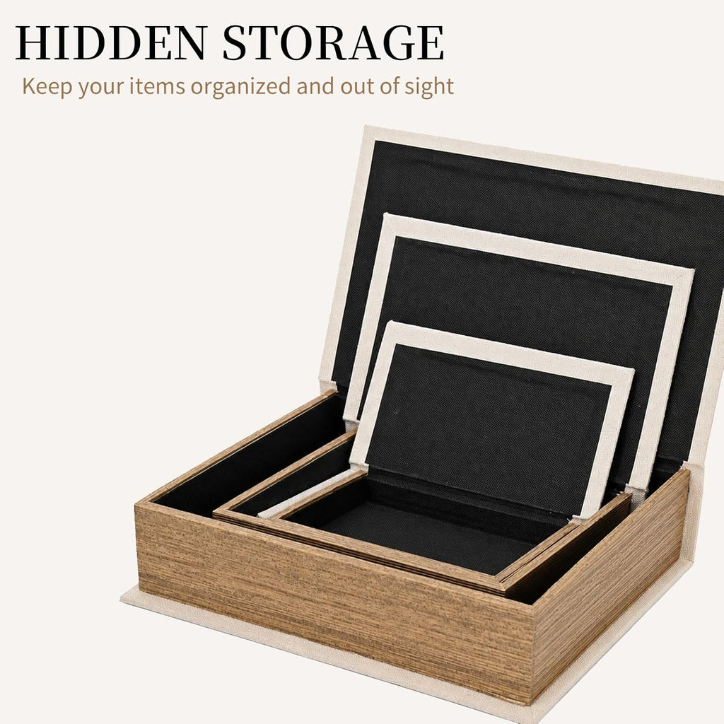 Decorative Book Boxes Set of 3 – Modern Faux Linen & Wood,Beige