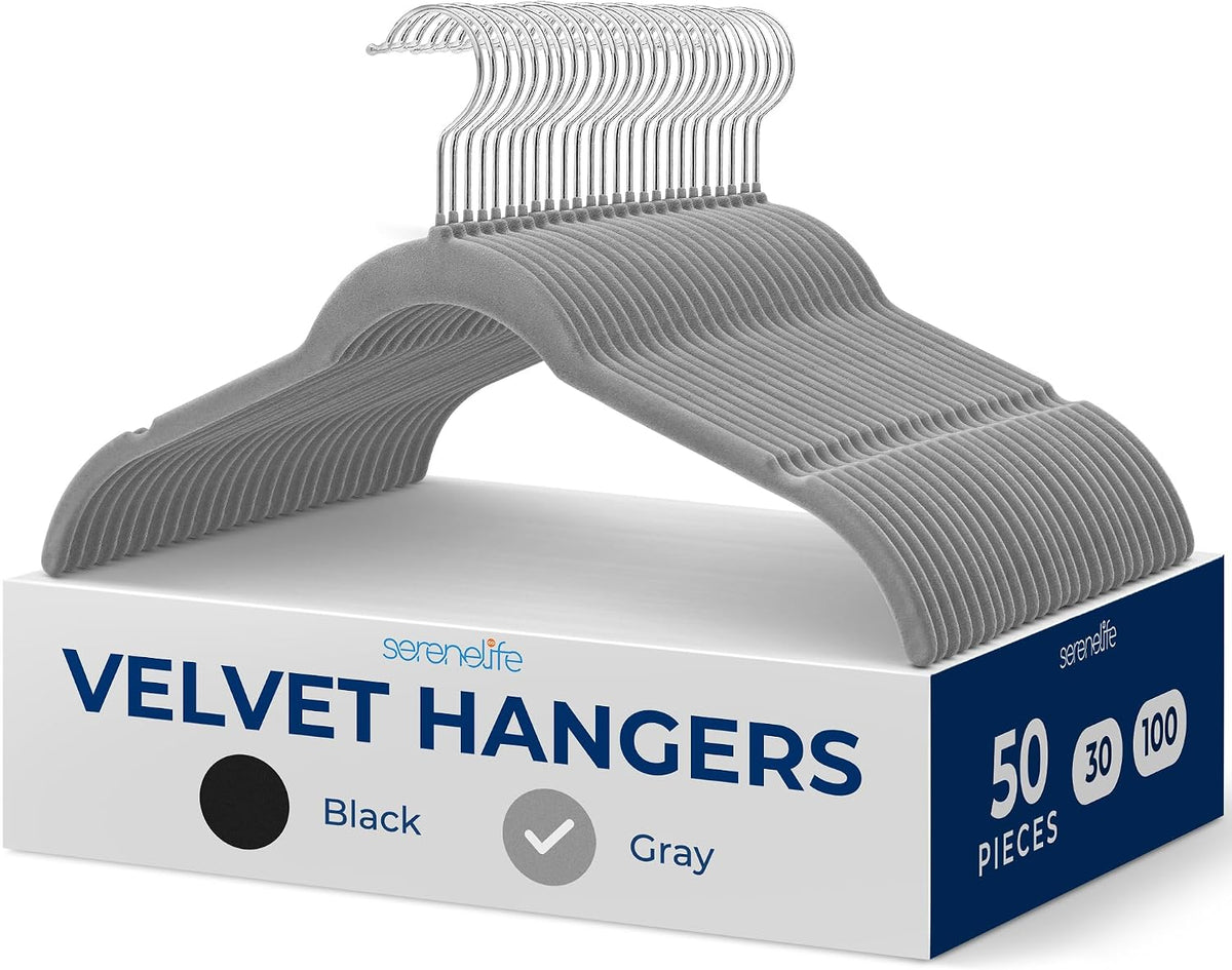 SereneLife 50 Piece Grey Velvet Shirt Hangers - Non Slip Space Saving, Heavy Duty Coat Hanger Set, Holds Up to 8 lbs, Ultra Thin Closet Organizers with Soft Velvet Finish for Shirts, Jackets, Dresses