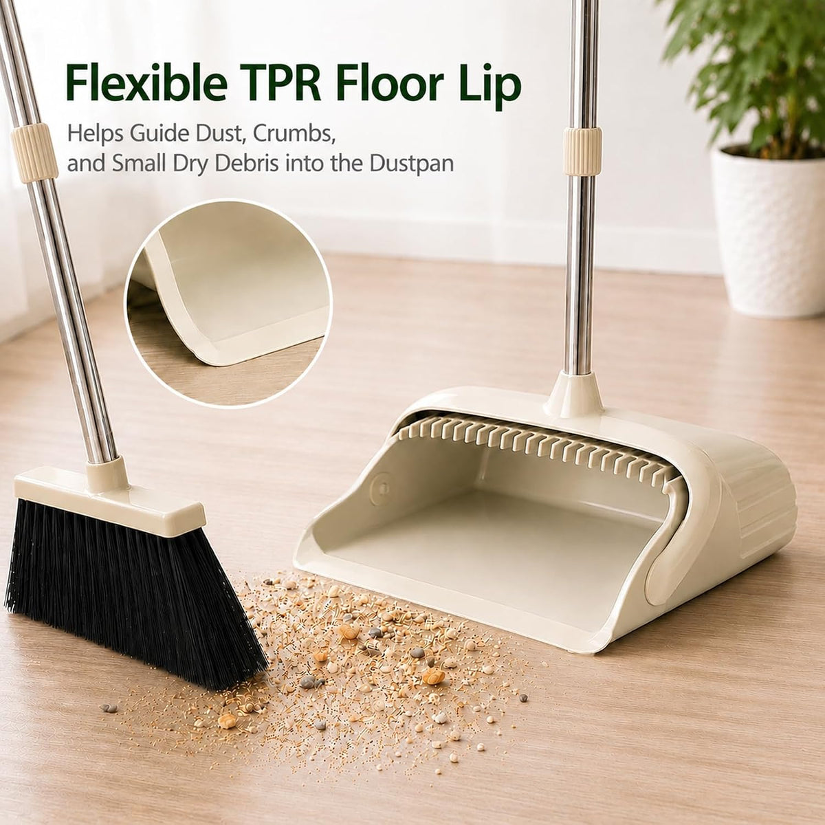 Broom and Dustpan Set, 52-Inch Adjustable Long Handle with Self-Cleaning Comb Teeth, Flexible TPR Lip and Foot-Assisted Fold-Up Dustpan for Home, Kitchen, Office and Apartment, Gray Yellow