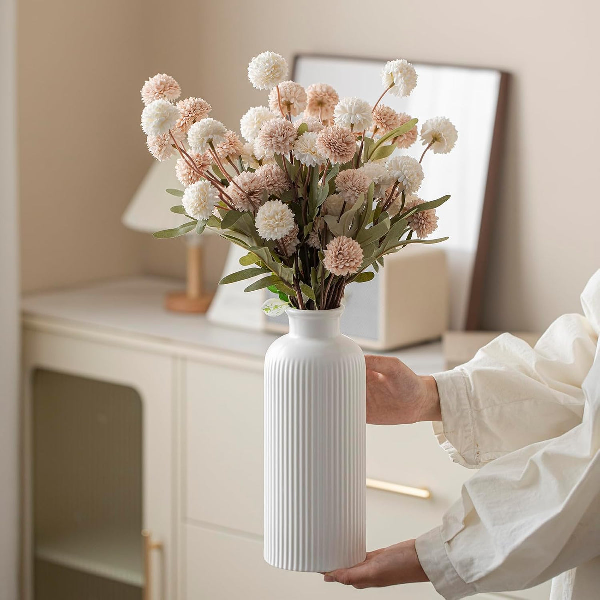 Large Modern Ceramic Vase Set, White Ribbed Matte Design, 10 Inch Tall, 4 Inch Width, 3-Piece Decorative Vases for Home, Living Room, Office (XL Matte Glaze White)