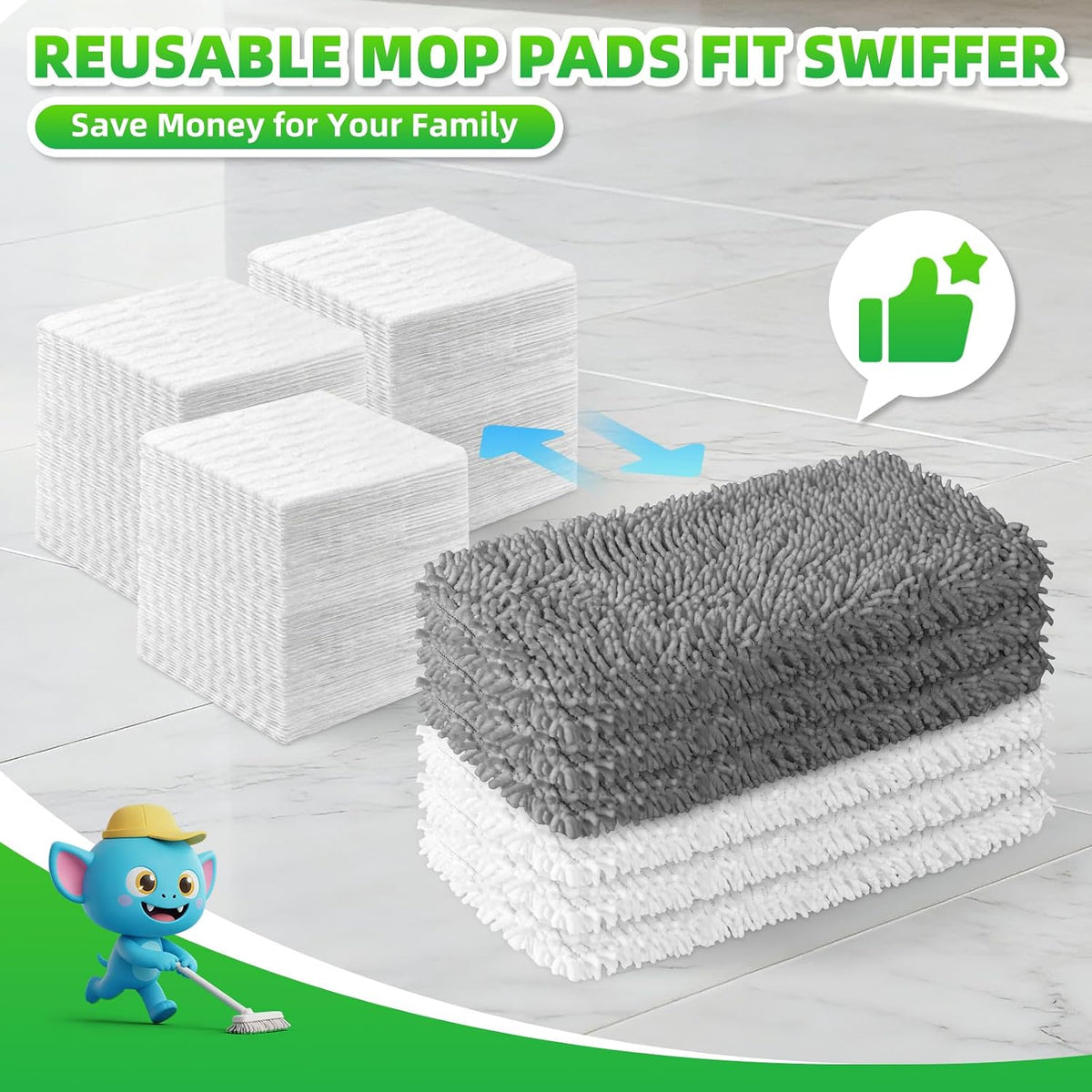 6 Pack Reusable Mop Pads for Swiffer, Microfiber Dry Sweeping Cloths