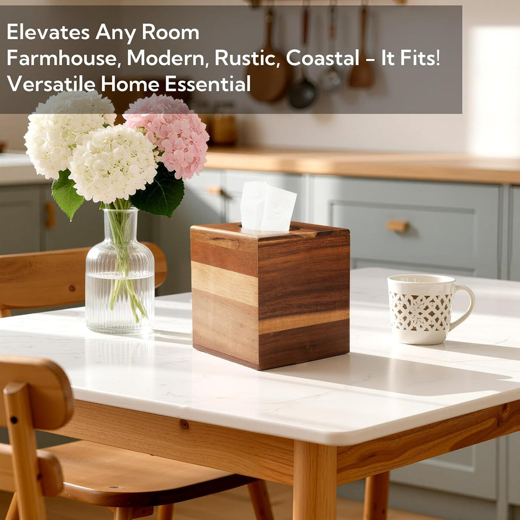 2 Pack Wooden Tissue Box Cover Square - Acacia Wood Tissue Box Holder for Tabletop Stands Bathroom Office- Decorative Facial Wood Tissue Box Cover for Modern Farmhouse Decor-Retro Natural Wood Color