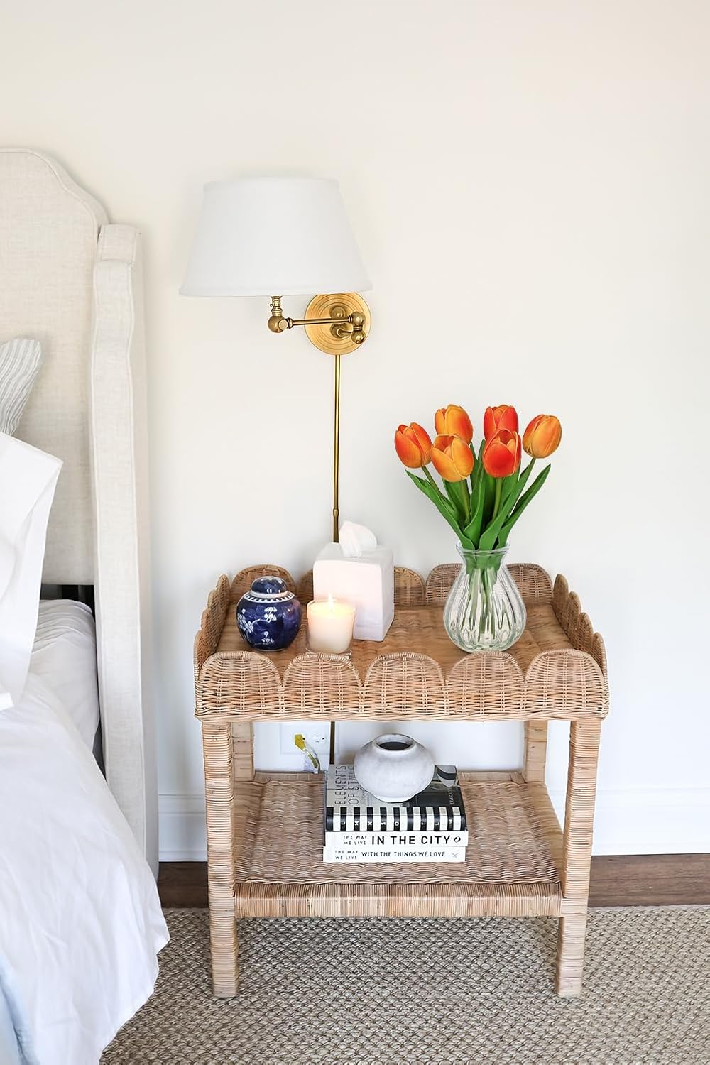 Fall Artificial Tulips Flowers in Glass Vase - 6 Pcs Faux Flowers in Vase with Faux Water 12.5" Orange & Yelow Ombre Fake Tulips Bouquet Floral Arrangement Centerpiece for Living Room Table Home Decor
