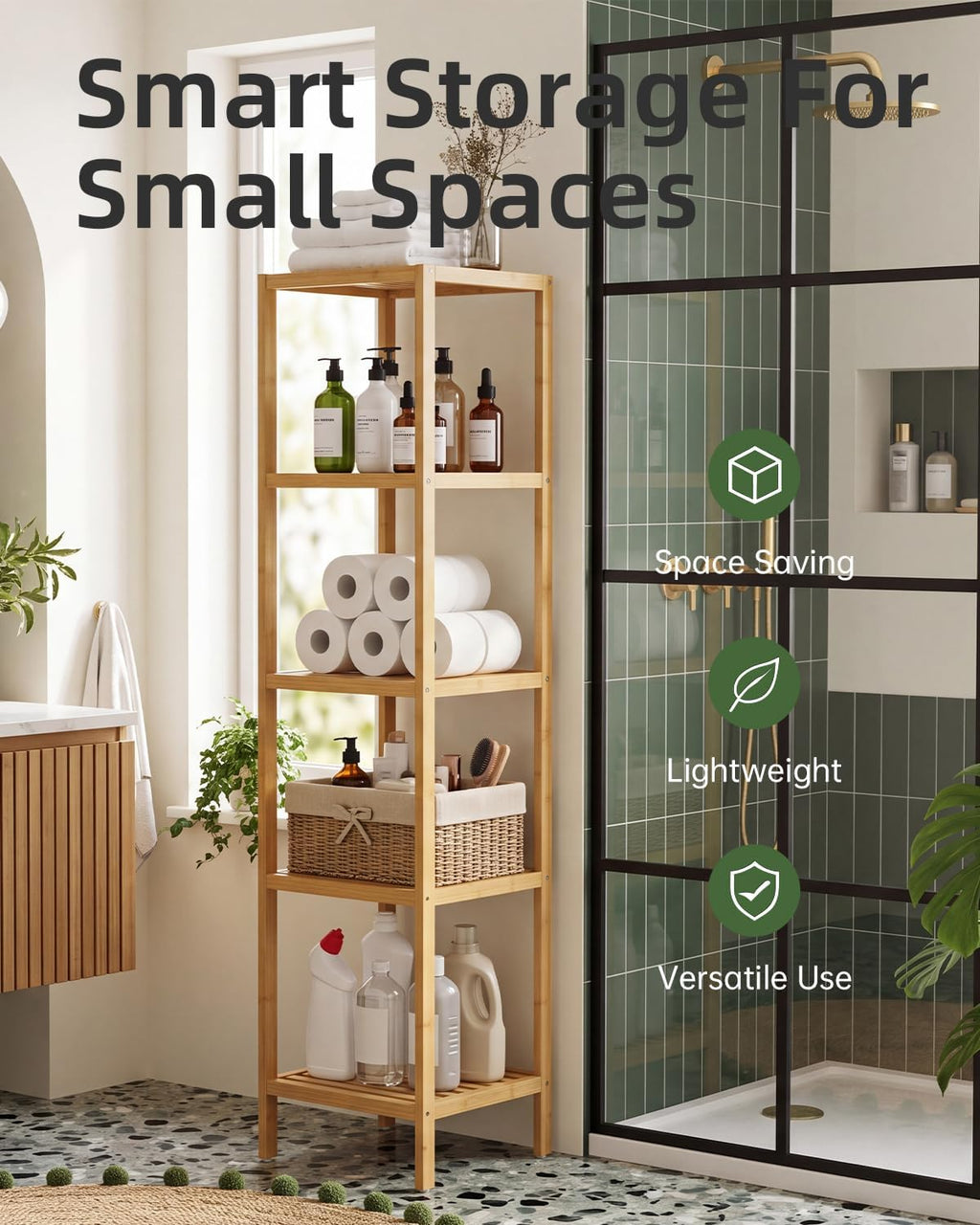 SMIBUY Bathroom Storage Shelf, 5-Tier Bamboo Rack Organizer, Multifunctional Shelving Unit for Living Room Bedroom Kitchen (Natural)