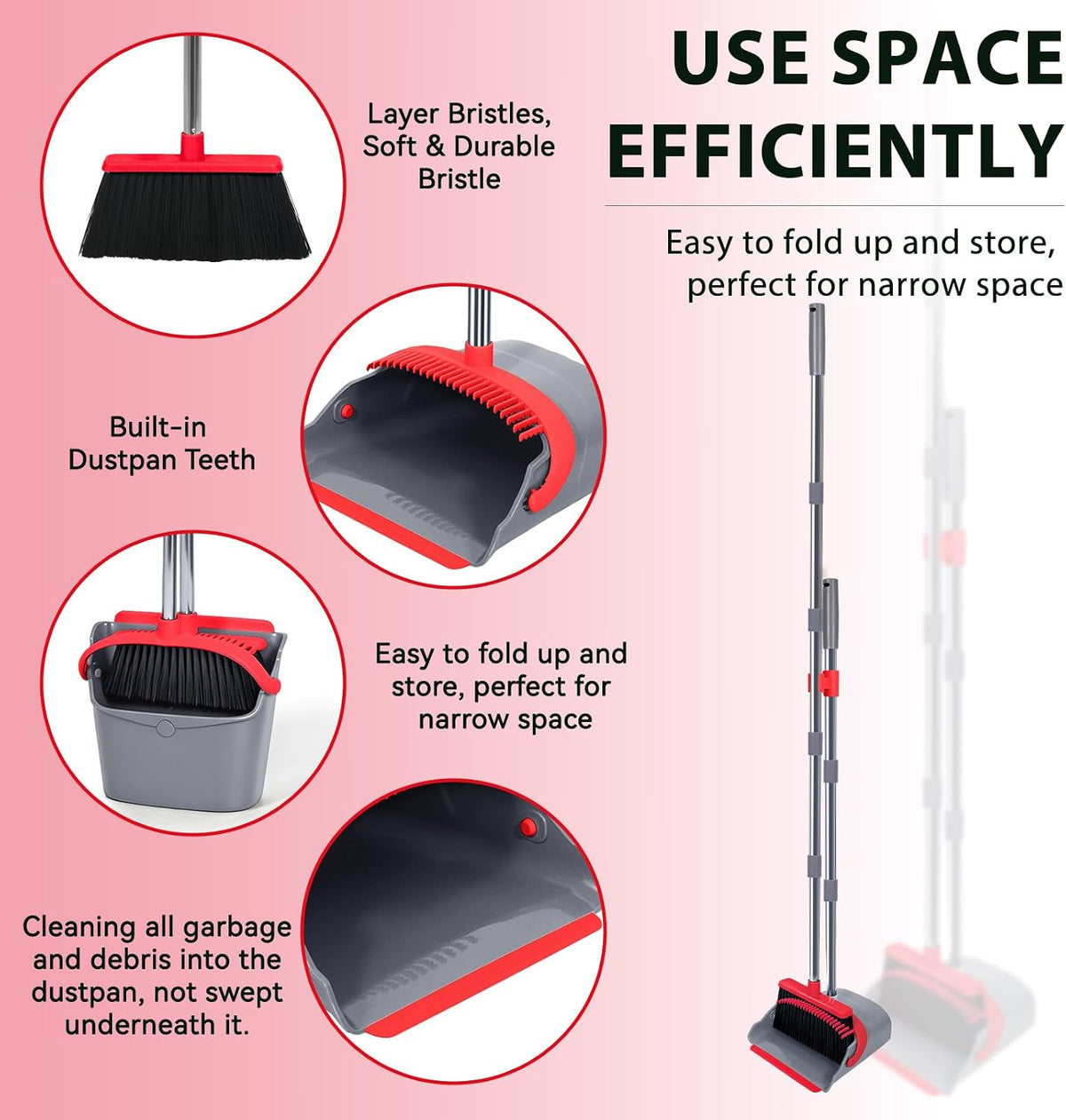 YZO Broom and Dustpan Set, 50.6-Inch Long Handle Standing Design, Dustpan Front Rubber Tight Seal, Broom with 5-Layer Bristles, Suitable for Living Room, Bedroom, Yard, Office and Apartment(Gray&Red)
