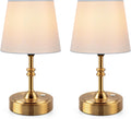 ONEWISH 2 Pack Small Cordless Lamps, Battery Operated Table lamp Dimmable, 4000mAh Rechargeable, Touch Bedside Lamp with White Fabric Shade, 2700K Bulb Included, for Dining, Patio, Bathroom(Gold)