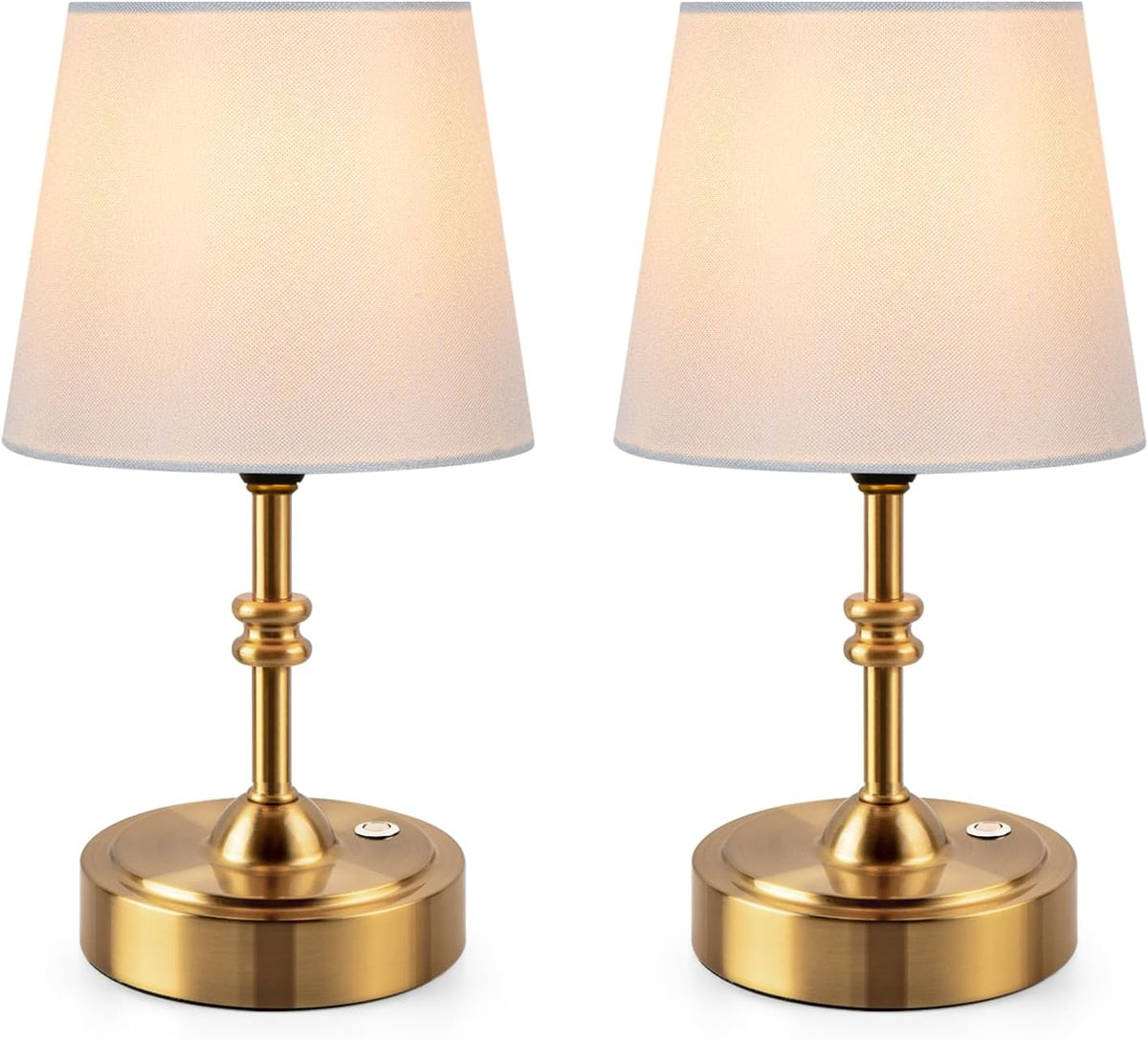 ONEWISH 2 Pack Small Cordless Lamps, Battery Operated Table lamp Dimmable, 4000mAh Rechargeable, Touch Bedside Lamp with White Fabric Shade, 2700K Bulb Included, for Dining, Patio, Bathroom(Gold)