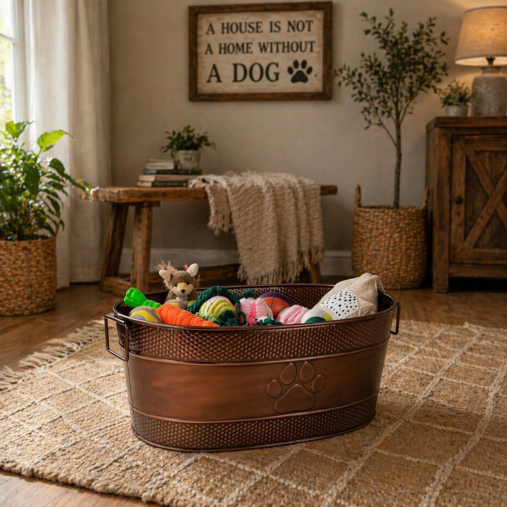 BREKX Copper Metal Dog Toy Storage Bin, Indestructible, Large