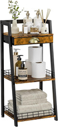 keomaisyto 3-Tier Bathroom Shelves with Canvas Drawer, Floor Bathroom Storage Shelf, Small Storage Stand Rack, Freestanding Ladder Shelf for Living Room Bedroom, Rustic Brown