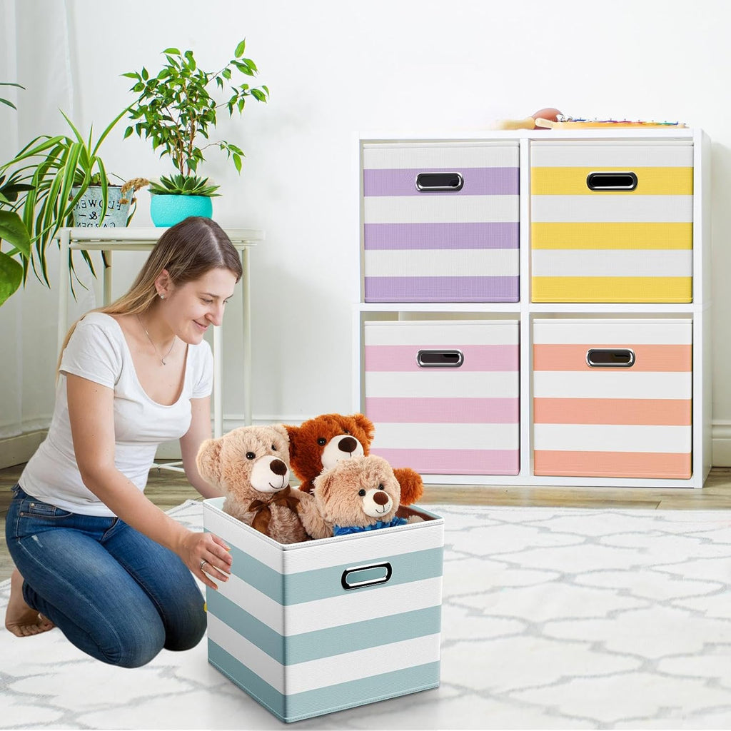CroBlissful 13 Inch 6 Pcs Fabric Storage Cubes with Handle, Macaron Color