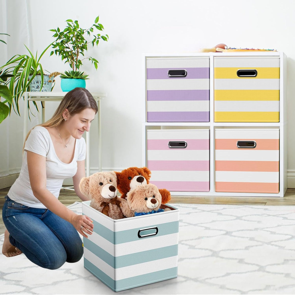 CroBlissful 13 Inch 6 Pcs Fabric Storage Cubes with Handle, Macaron Color