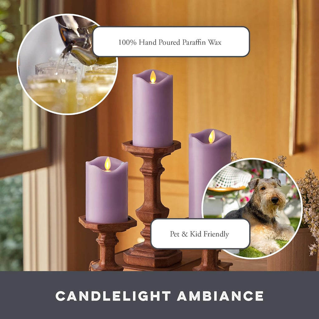 Matchless Candle Co. Flameless LED Battery Operated Flickering Pillar Candles - Pastel Purple - Set of 3 - Indoor Outdoor Decor Safe