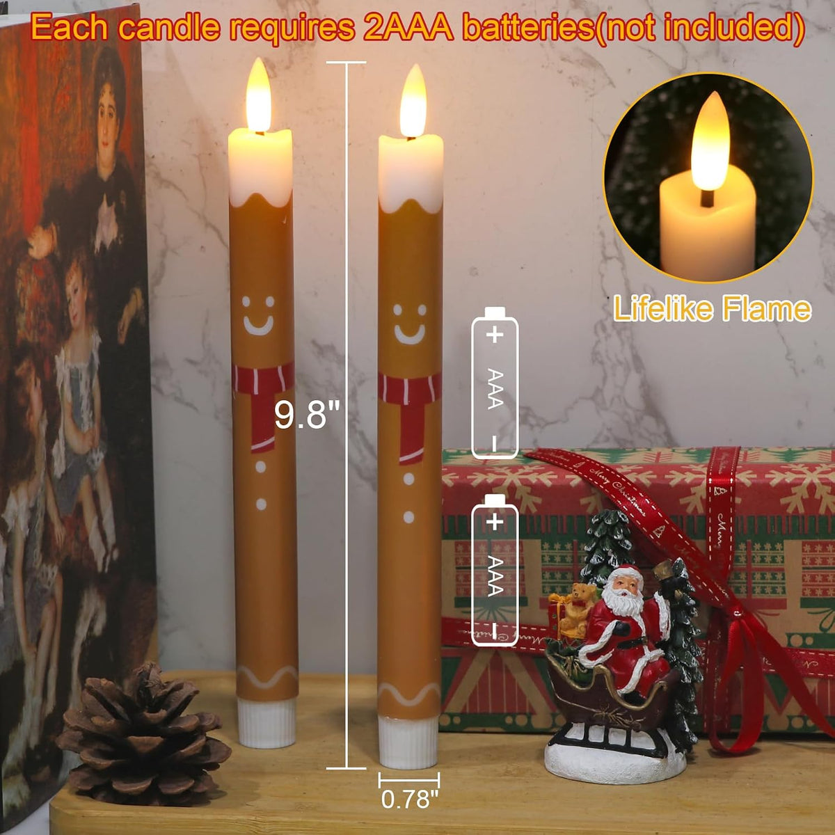 Gingerbread Man Christmas Flameless Taper Candles with Remote
