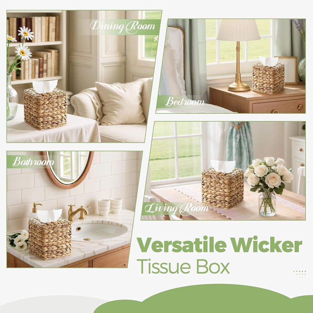 Wicker Tissue Box Cover Square, Handwoven Facial Tissue Napkin Box Holder
