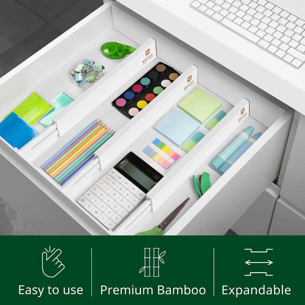 Bamboo Drawer Dividers Organizers, Adjustable Drawer Separator Splitters, 17–22 Inches Expandable Drawer Divider Organizer for Large Utensils, Kitchen, Bedroom, Dresser & Office Drawers 4-Pack, White