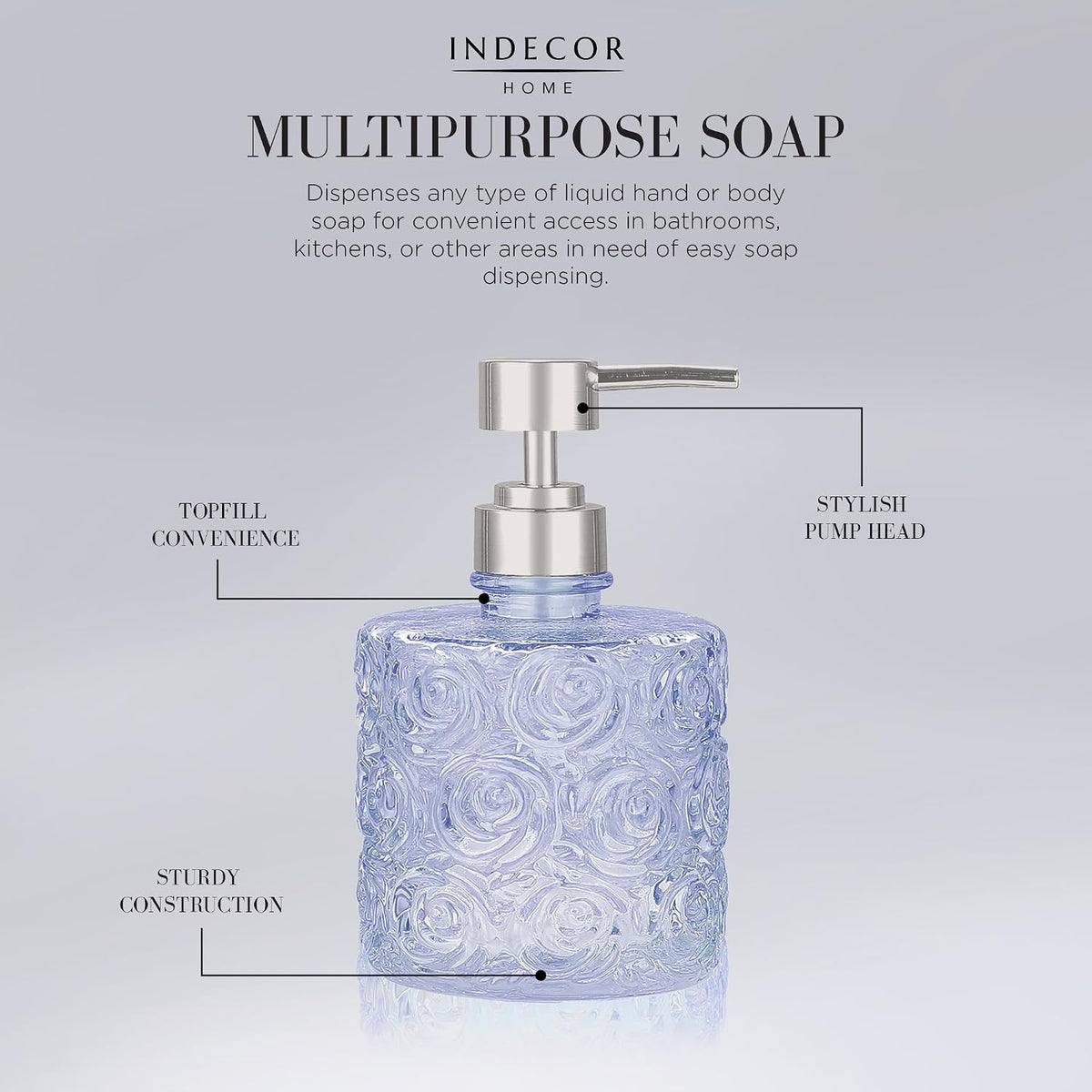 Marcella Glass Soap Dispenser with Soap Pump, Refillable 14 Ounce Capacity, Floral Design Rose Patterns, Heavy Weight Thick Glass for Bathroom, Premium Kitchen Soap Dispenser Cornflower Blue