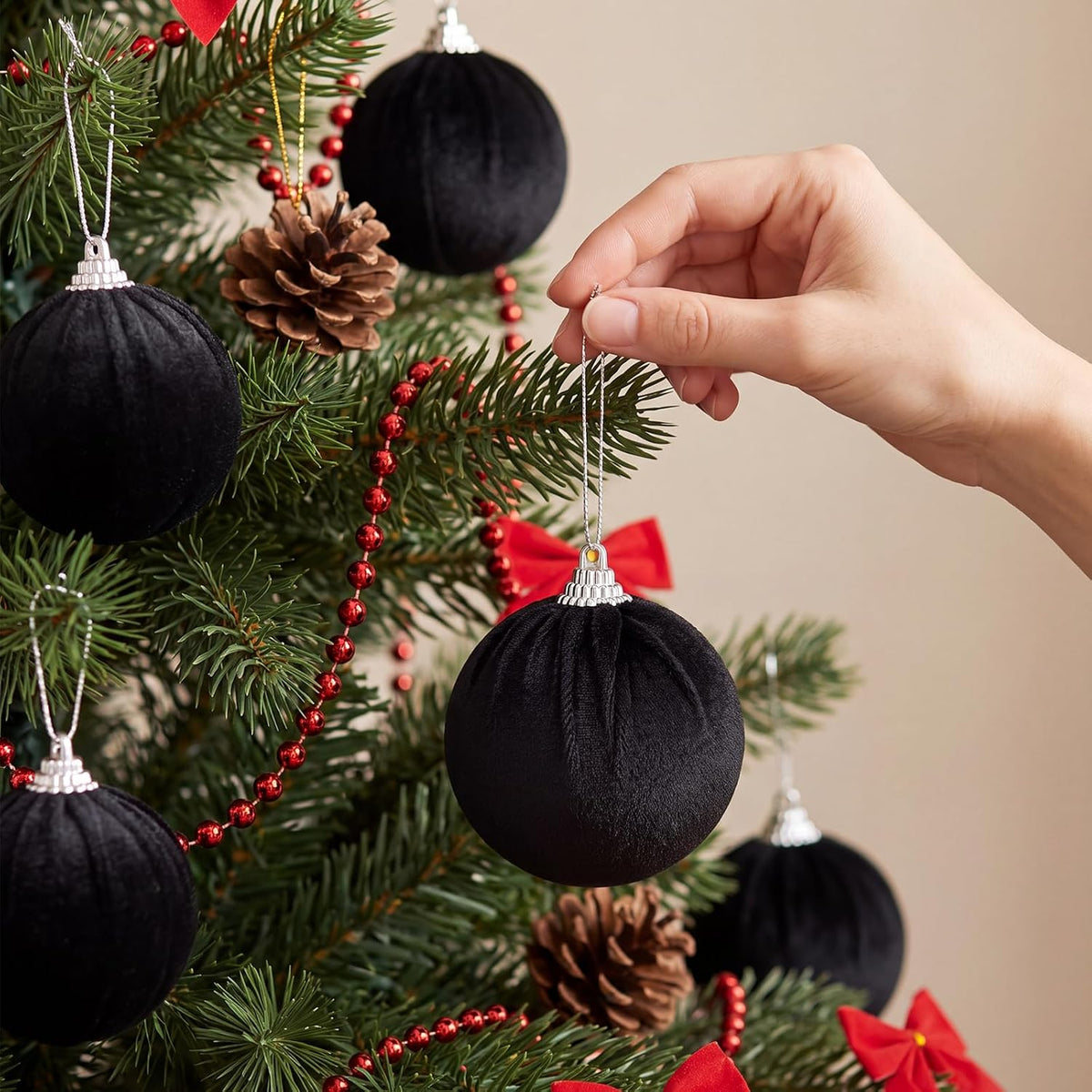 Woration 9 Pcs Black Velvet Christmas Balls 2.36" Xmas Tree Hanging Ball