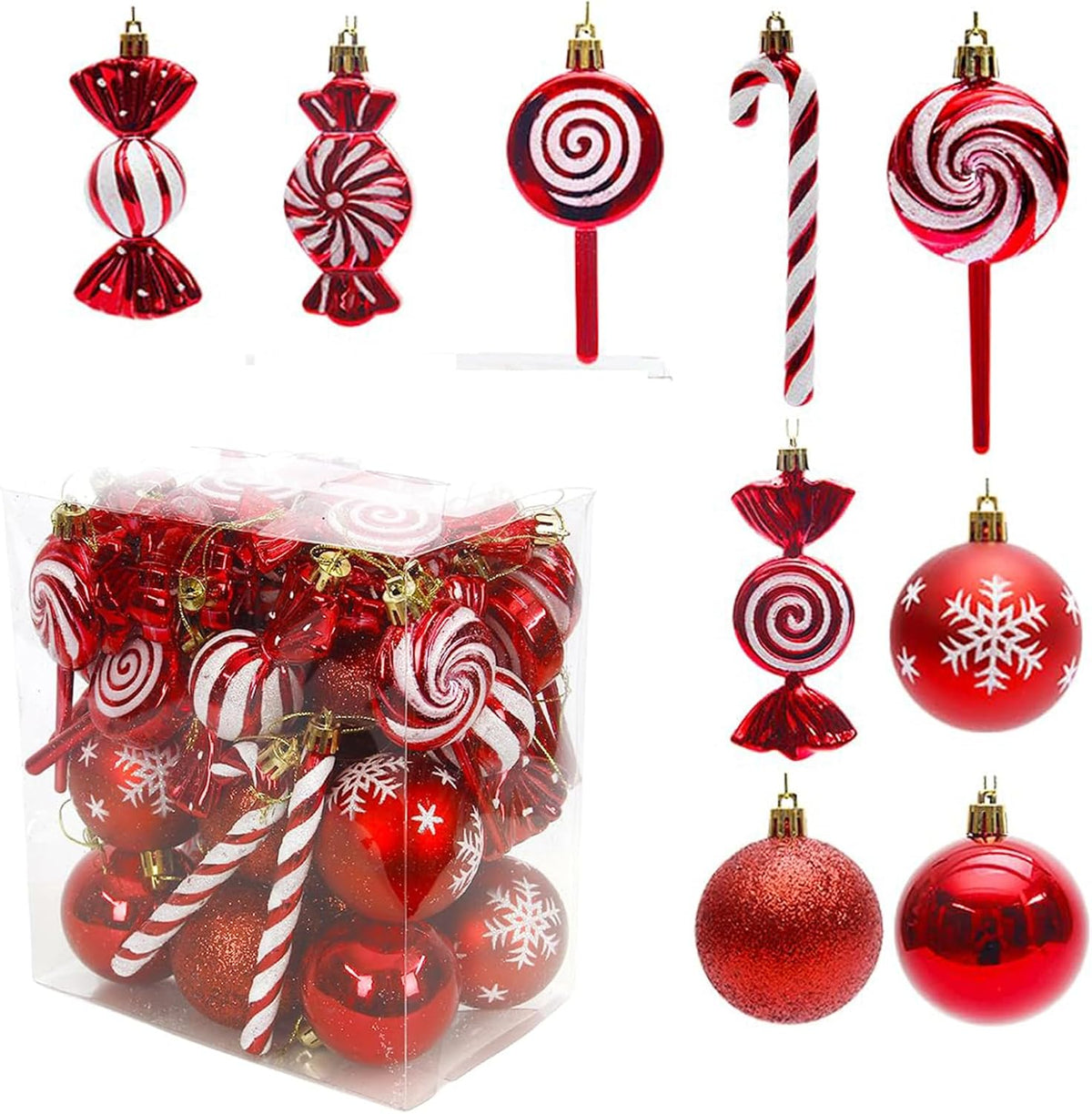 36 Pcs Christmas Ornaments, MOYEE Shatterproof Plastic Christmas Ornaments for Tree - Candy Cane Christmas Decorations Candies Christmas Ball Ornaments (Red)