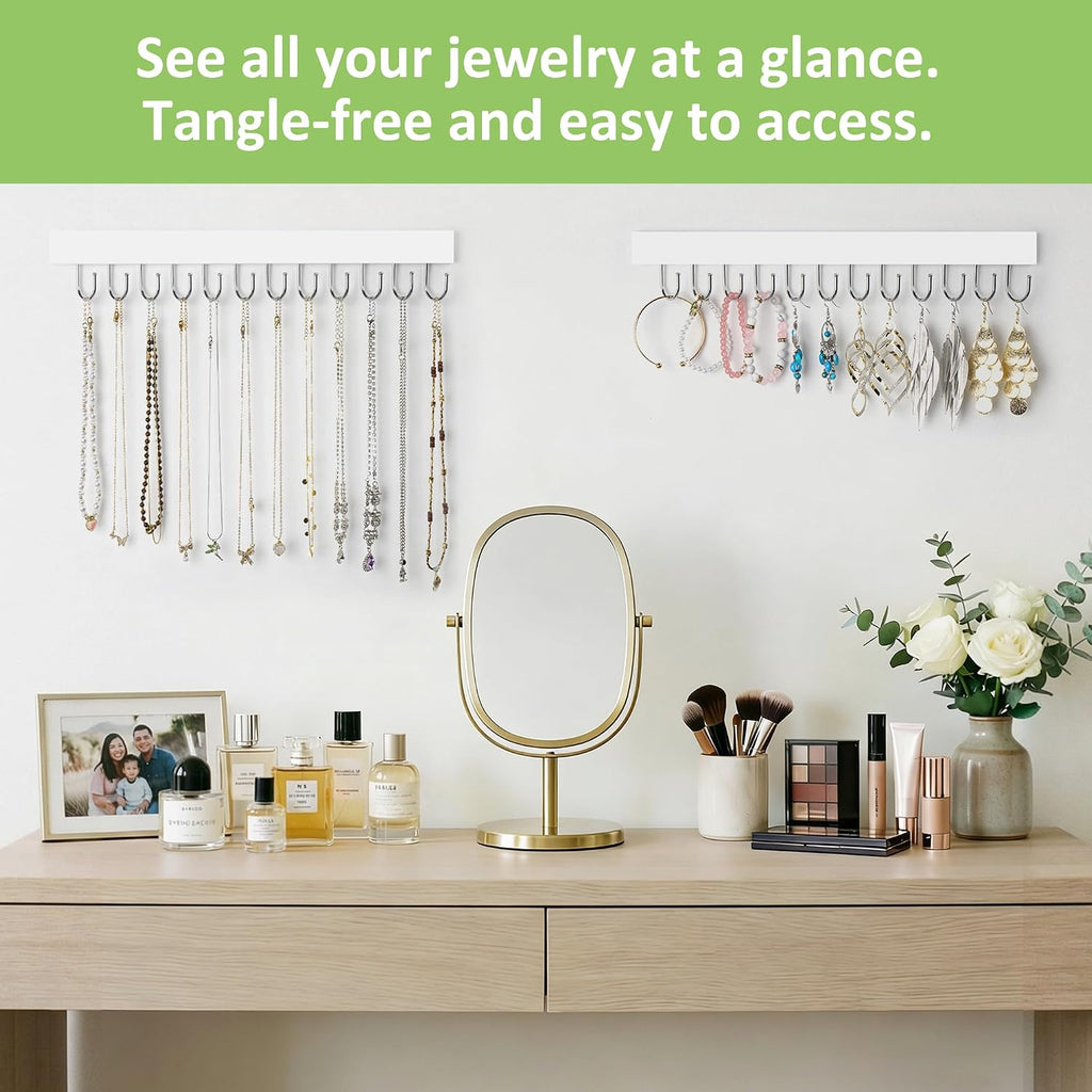 Jewelry Organizer Wall Mounted 2 Pack, Wooden Necklace Holder Wall Hanger with 24 Hooks for Hanging Necklaces and Jewelry Storage, White