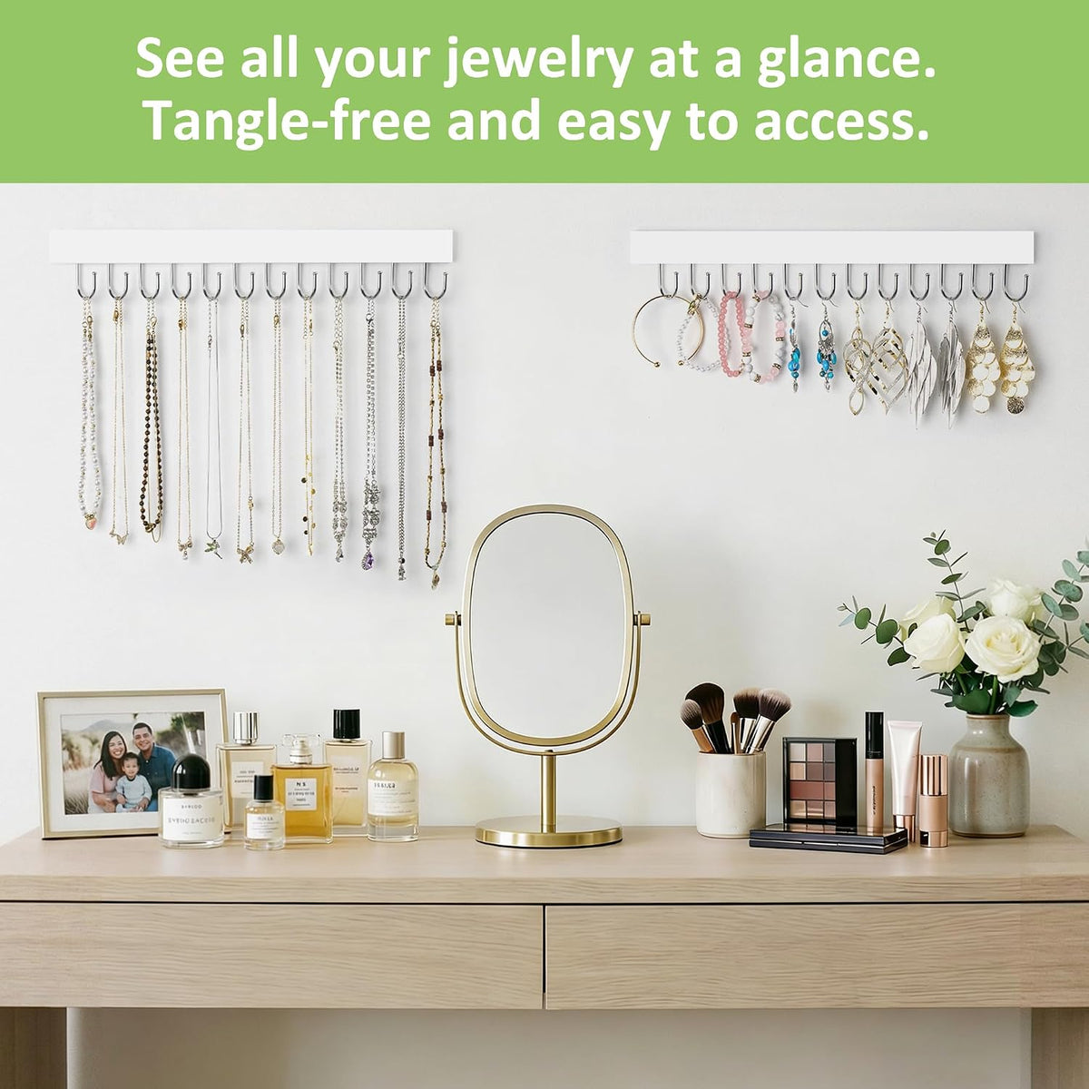 Jewelry Organizer Wall Mounted 2 Pack, Wooden Necklace Holder Wall Hanger with 24 Hooks for Hanging Necklaces and Jewelry Storage, White