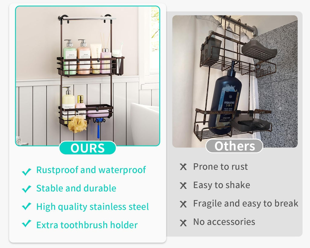 HapiRm Hanging Shower Caddy Organizer - No Drilling Shower Shelves with Hooks and Toothbrush Holder, Rustproof 304 Stainless Steel Bathroom Organizer - Bronze