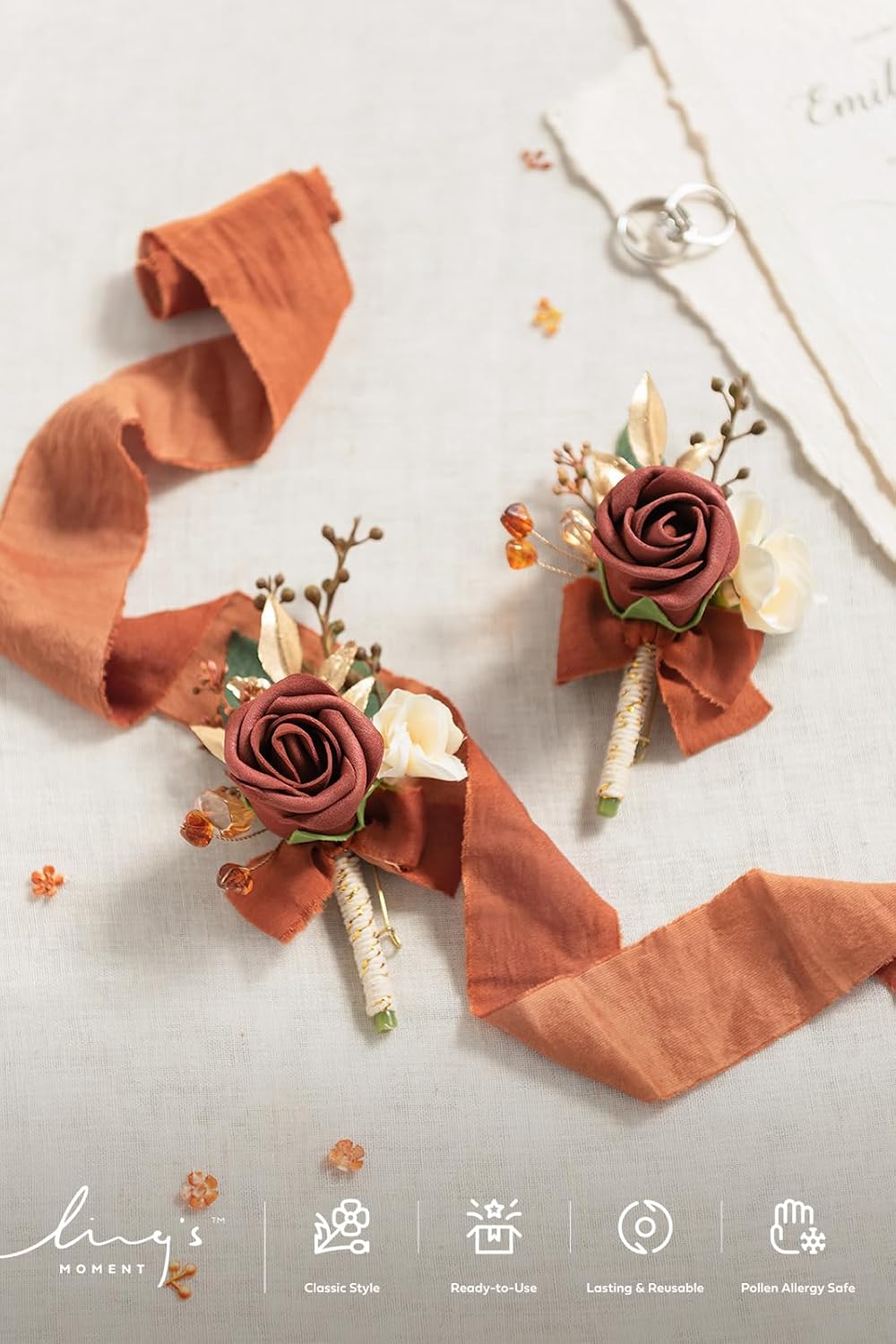 Ling's moment Boutonniere for Men, 2pcs, Fall Orange Terracotta