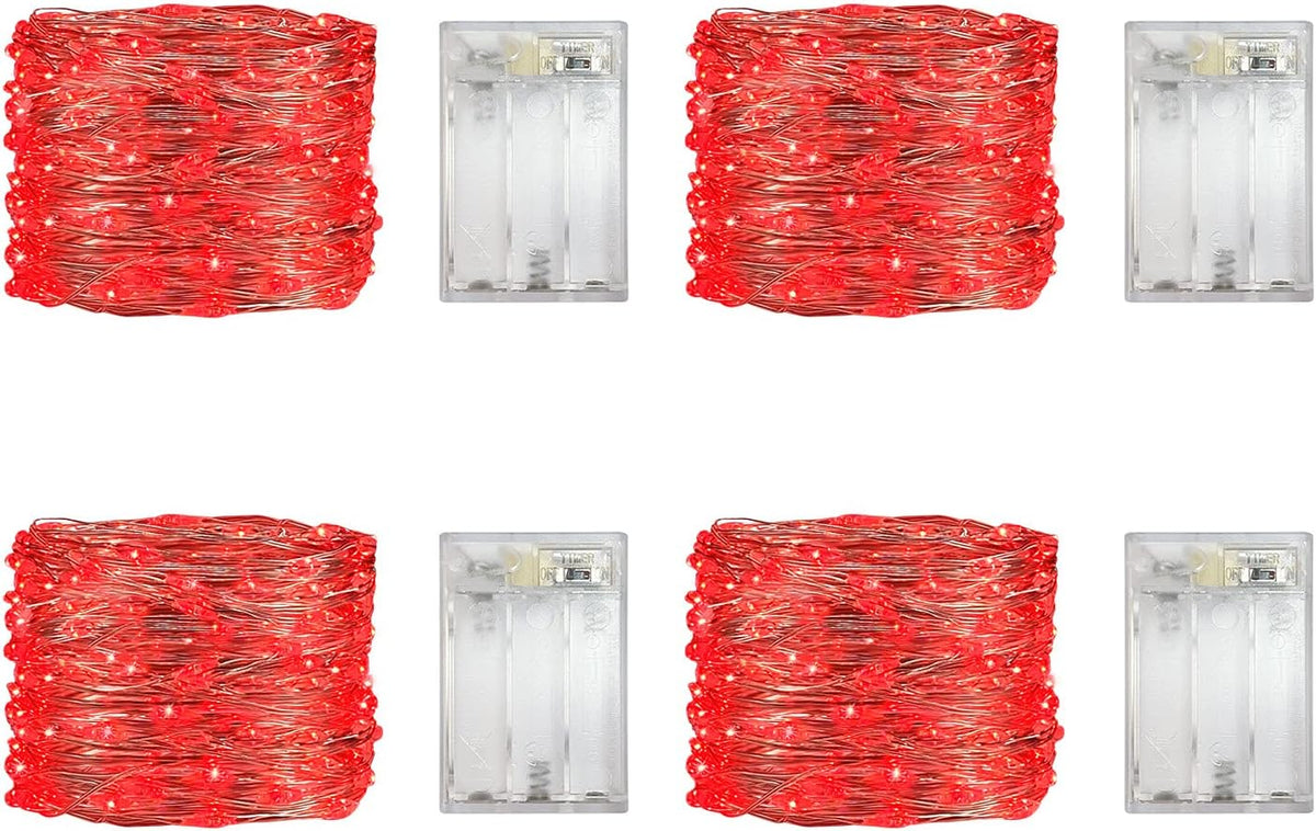 4 Pack Battery Operated Dewdrop Led Lights,Indoor Mini Fairy Lights With Timer Function,For Wedding Home Parties Christmas Holiday Decoration,6 Hours on/18 Hours Off ,30 Count LEDs,10 Feet(Red)