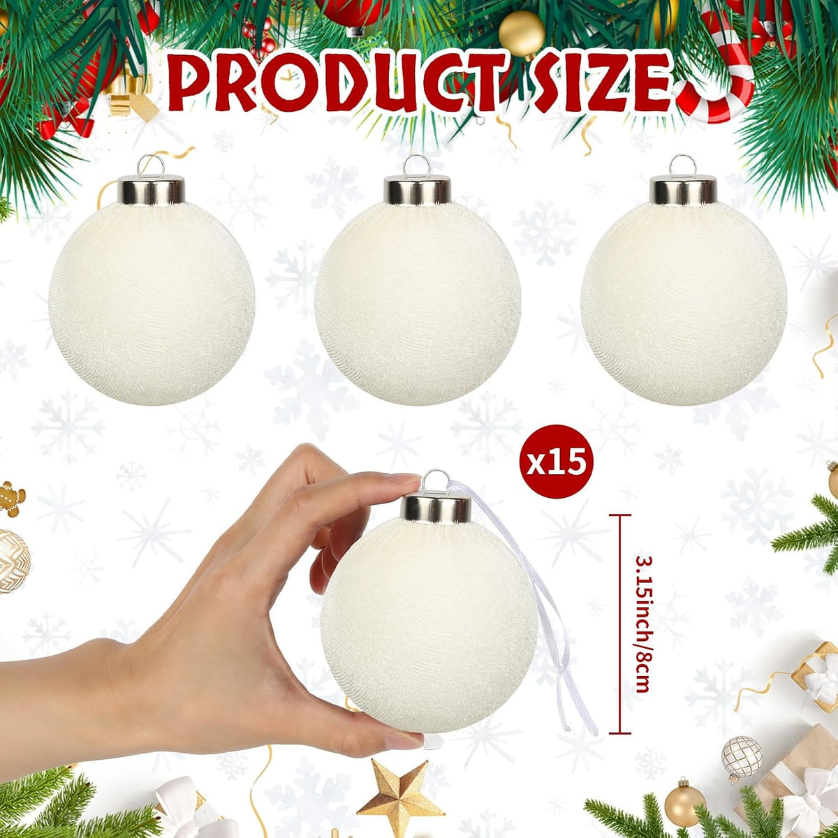 Ivory Velvet Christmas Ornaments Set,15-Pack Flocked Christmas Tree Ball