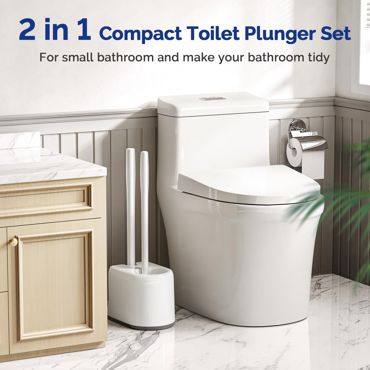 HAMITOR Toilet Plunger Brush Set: Curved Bristles Design for Deep Cleaning
