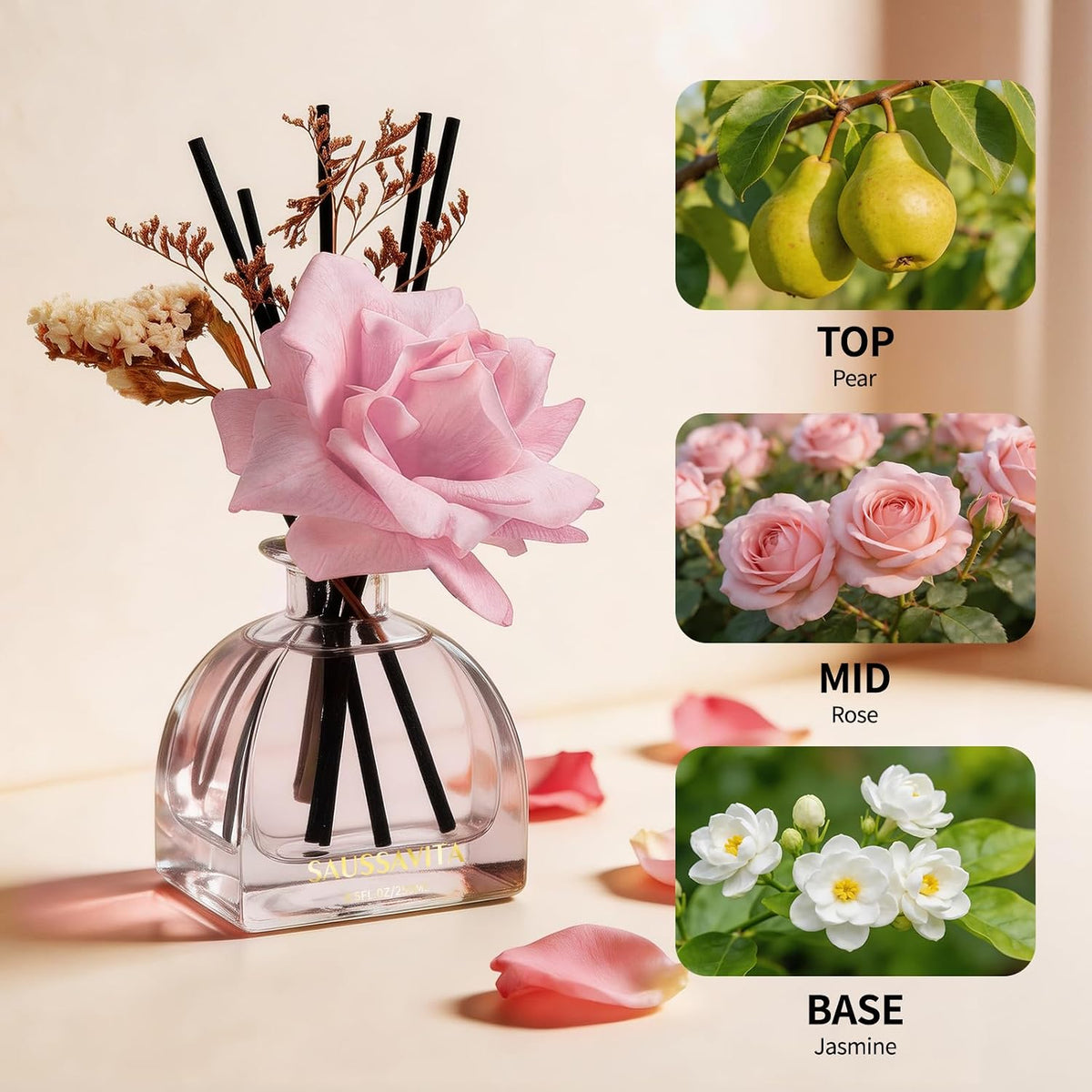 Reed Diffusers Set Rose Scented Diffuser for 140 Days, Flower Diffuser 8.5 fl oz with Dried Flowers and Decorative Rose, Long Lasting Home Fragrance with 10 Sticks for Bathroom, Shelf, Office Decor