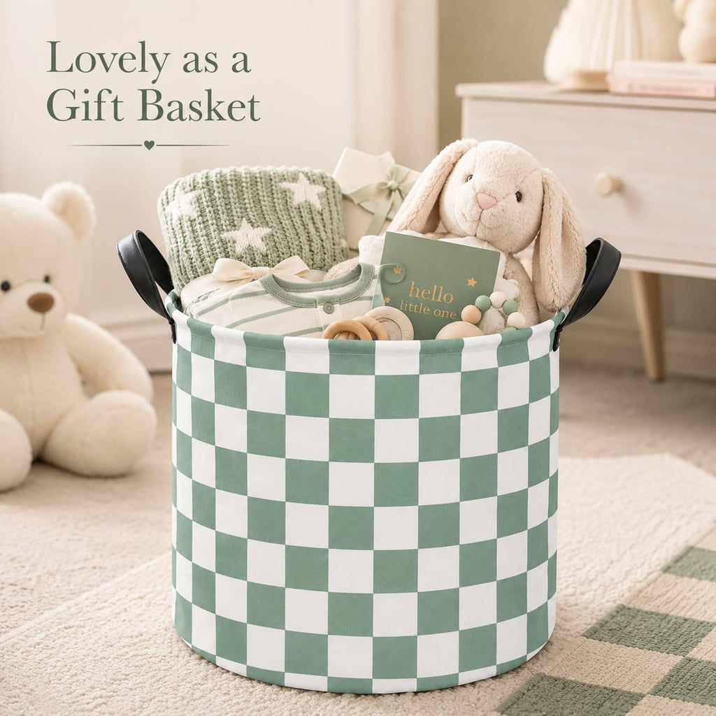 MAIZMZ 3 Pack Sage Checkered Storage Baskets Kids Hamper,Girls Room Decor,15.7"D x13.3"H, Waterproof Lining,Collapsible for Laundry, Toys, Clothes, Gift Set