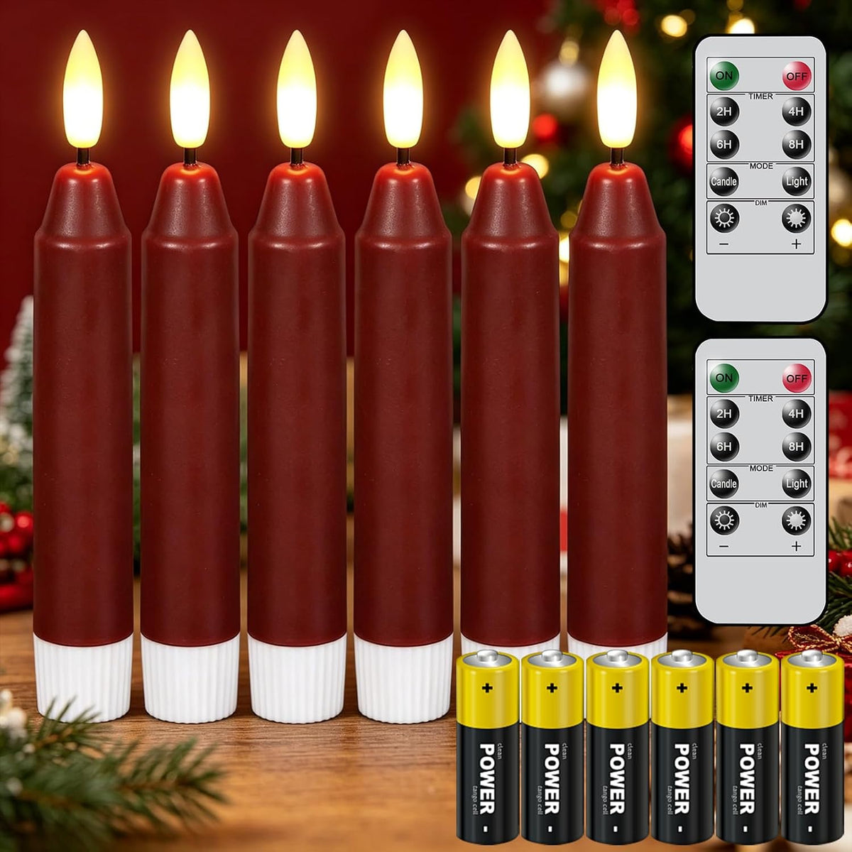 6Inch Flameless Taper Candles with Remote & 6 Batteries, Burgundy