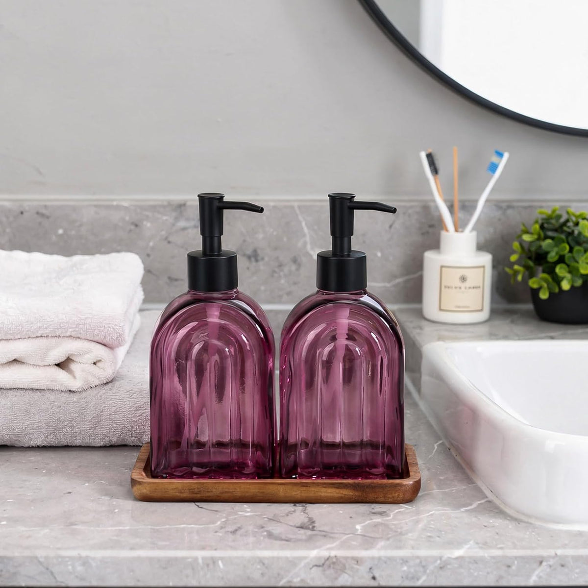Glass Soap Dispenser Set with Wooden Tray, 13.5Oz Refillable Liquid Modern Soap Dispenser with Plastic Pump for Hand and Dish Set for Bathroom Countertop Decor (Purple)