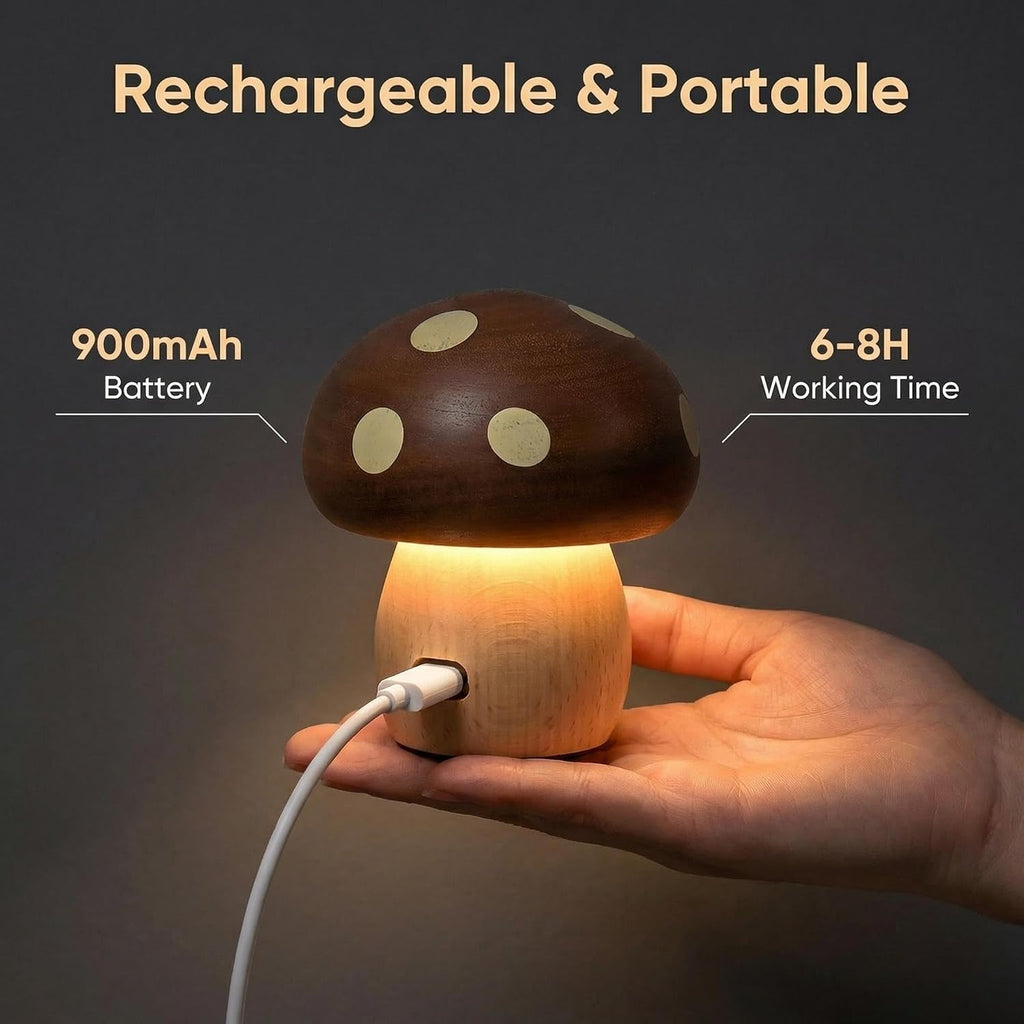 Wood Mushroom Lamp, Rechargeable Small Bedside Lamp for Nursery Bedroom