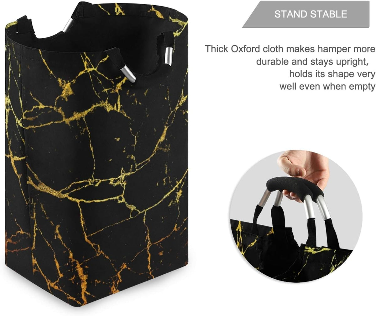 ALAZA Large Laundry Hamper Basket Black Marble With Gold Geometric Laundry Bag Collapsible Oxford Cloth Stylish Home Storage Bin with Handles, 22.7 Inch